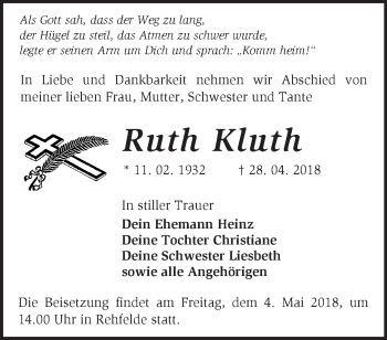 Traueranzeige von Ruth Kluth von Märkische Oderzeitung