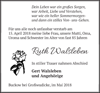 Traueranzeige von Ruth Walsleben von Märkische Oderzeitung