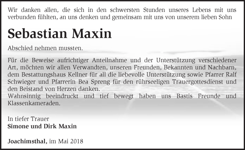  Traueranzeige für Sebastian Maxin vom 27.05.2018 aus Märkische Oderzeitung