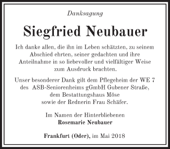 Traueranzeige von Siegfried Neubauer von Märkische Oderzeitung