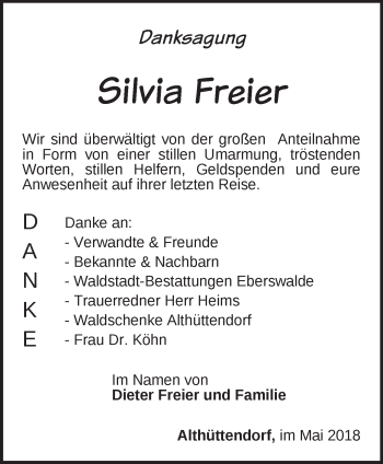 Traueranzeige von Silvia Freier von Märkische Oderzeitung