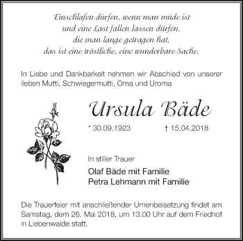 Traueranzeige von Ursula Bäde von Märkische Oderzeitung