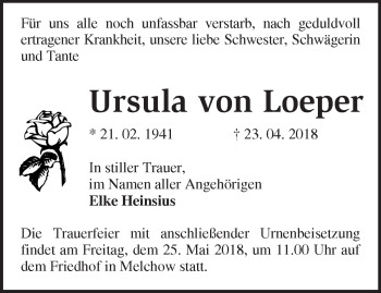 Traueranzeige von Ursula von Loeper von Märkische Oderzeitung