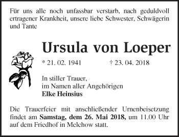 Traueranzeige von Ursula von Loeper von Märkische Oderzeitung