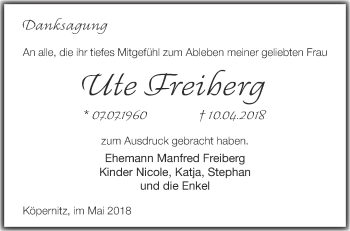 Traueranzeige von Ute Freiberg von Märkische Oderzeitung