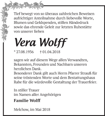 Traueranzeige von Vera Wolff von Märkische Oderzeitung