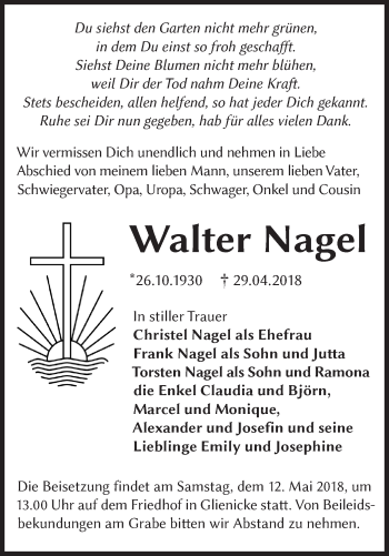 Traueranzeige von Walter Nagel von Märkische Oderzeitung