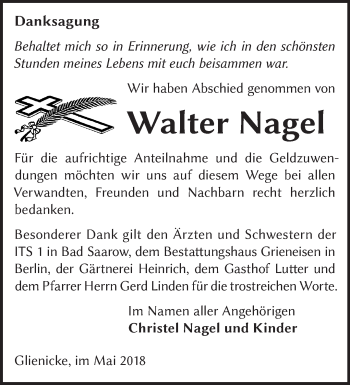 Traueranzeige von Walter Nagel von Märkische Oderzeitung