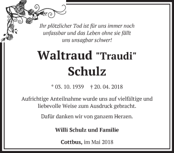 Traueranzeige von Waltraud Schulz von Märkische Oderzeitung