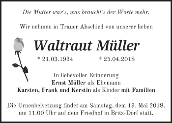 Traueranzeige von Waltraut Müller von Märkische Oderzeitung