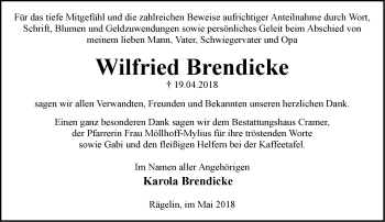 Traueranzeige von Wilfried Brendicke von Märkische Oderzeitung