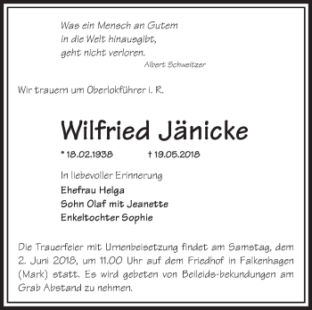 Traueranzeige von Wilfried Jänicke von Märkische Oderzeitung