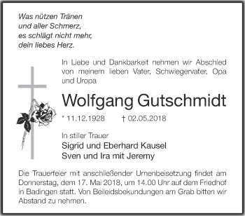 Traueranzeige von Wolfgang Gutschmidt von Märkische Oderzeitung