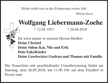 Traueranzeige von Wolfgang Liebermann-Zoehe von Märkische Oderzeitung