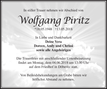 Traueranzeige von Wolfgang Piritz von Märkische Oderzeitung