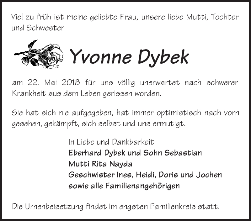  Traueranzeige für Yvonne Dybek vom 31.05.2018 aus Märkische Oderzeitung
