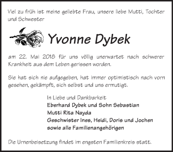 Traueranzeige von Yvonne Dybek von Märkische Oderzeitung