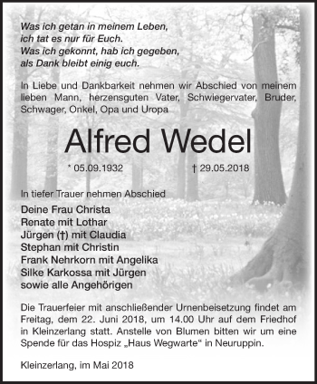 Traueranzeige von Alfred Wedel von Märkische Oderzeitung