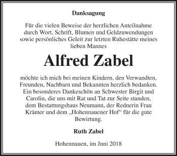 Traueranzeige von Alfred Zabel von Märkische Oderzeitung