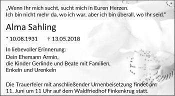 Traueranzeige von Alma Sahling von Märkische Oderzeitung