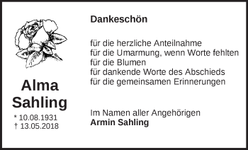 Traueranzeige von Alma Sahling von Märkische Oderzeitung