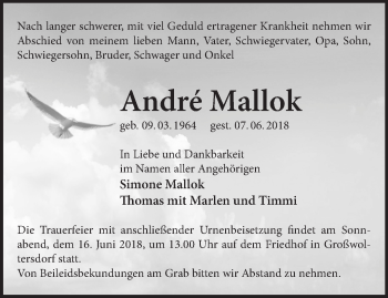 Traueranzeige von André Mollak von Märkische Oderzeitung