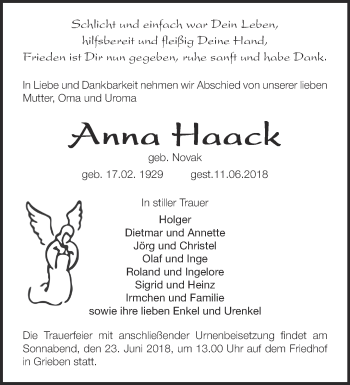 Traueranzeige von Anna Haack von Märkische Oderzeitung