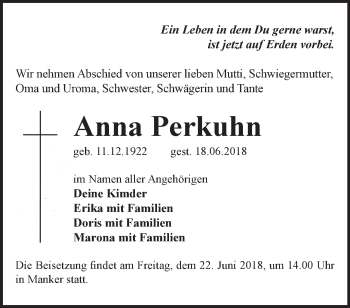 Traueranzeige von Anna Perkuhn von Märkische Oderzeitung