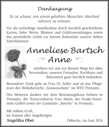 Traueranzeige von Anneliese Bartsch von Märkische Oderzeitung