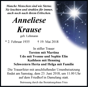 Traueranzeige von Anneliese Krause von Märkische Oderzeitung