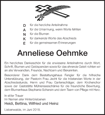 Traueranzeige von Anneliese Oehmke von Märkische Oderzeitung