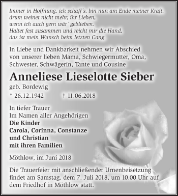 Traueranzeige von Anneliese Lieselotte Sieber von Märkische Oderzeitung