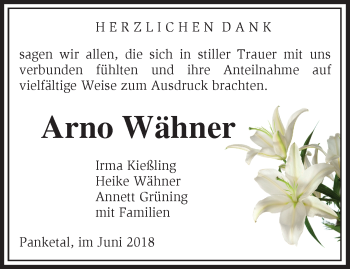 Traueranzeige von Arno Wähner von Märkische Oderzeitung