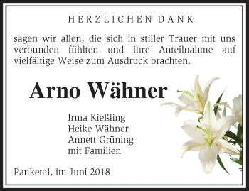 Traueranzeige von Arno Wähner von Märkische Oderzeitung