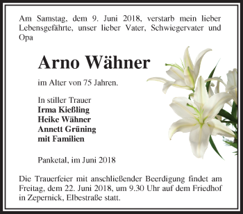 Traueranzeige von Arno Wähner von Märkische Oderzeitung