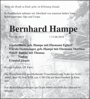 Traueranzeige von Bernhard Hampe von Märkische Oderzeitung