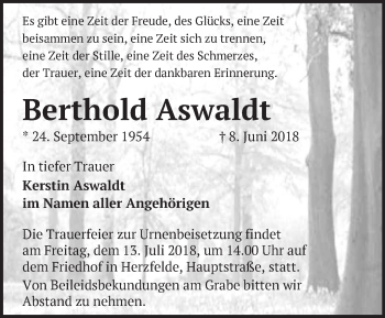 Traueranzeige von Berthold Aswaldt von Märkische Oderzeitung