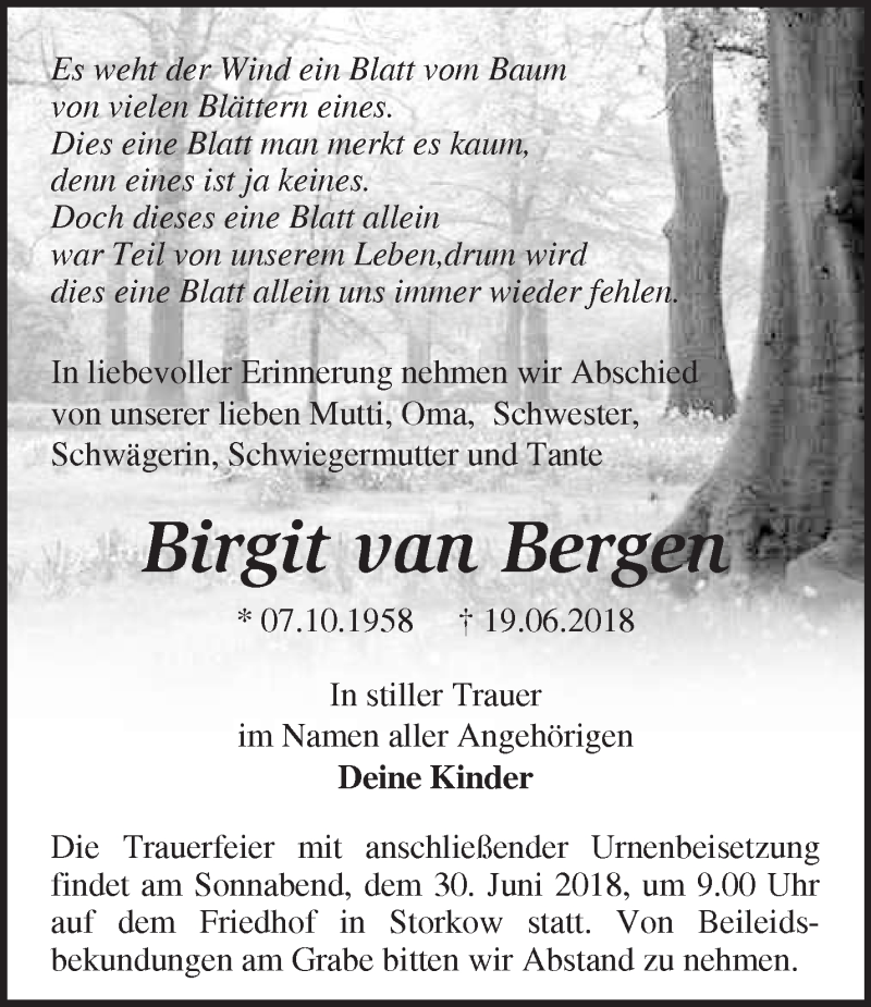  Traueranzeige für Birgit  van Bergen vom 23.06.2018 aus Märkische Oderzeitung