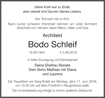 Traueranzeige von Bodo Schleif von Märkische Oderzeitung