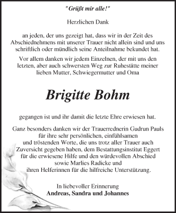 Traueranzeige von Brigitte Bohm von Märkische Oderzeitung