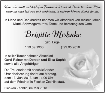 Traueranzeige von Brigitte Mohnke von Märkische Oderzeitung