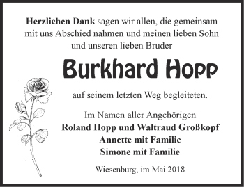 Traueranzeige von Burkhard Hopp von Märkische Oderzeitung