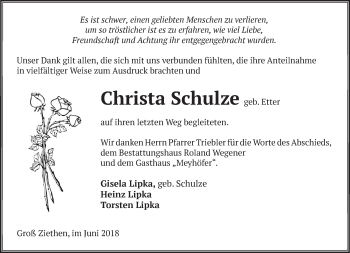 Traueranzeige von Christa Schulze von Märkische Oderzeitung