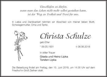 Traueranzeige von Christa Schulze von Märkische Oderzeitung