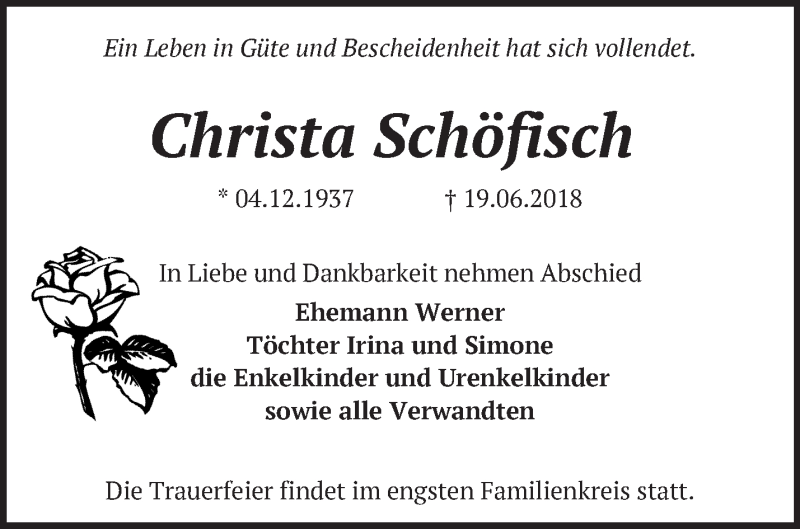  Traueranzeige für Christa Schöfisch vom 23.06.2018 aus Märkische Oderzeitung
