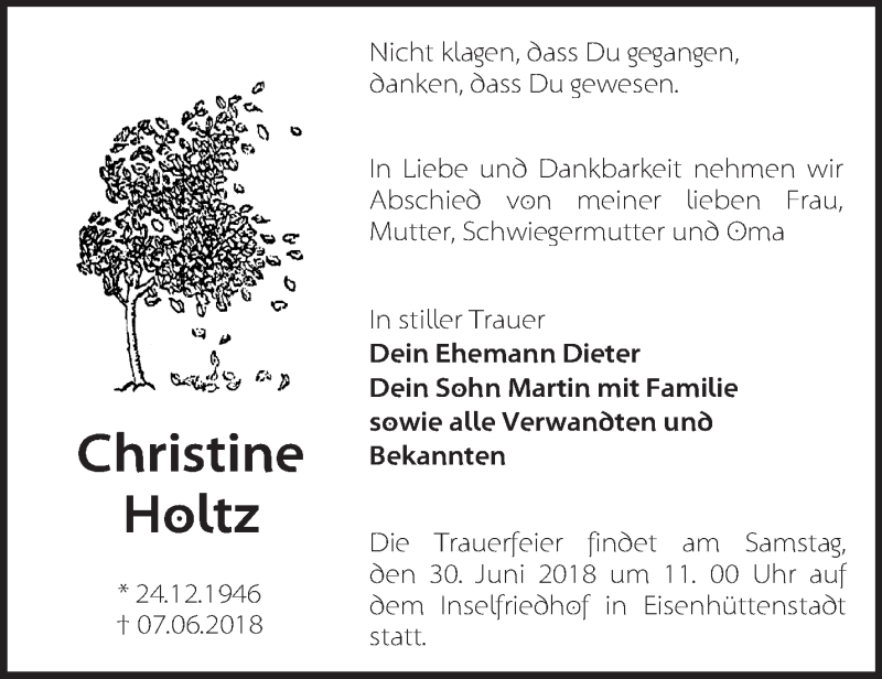  Traueranzeige für Christine Holtz vom 23.06.2018 aus Märkische Oderzeitung