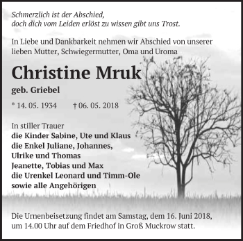 Traueranzeige von Christine Mruk von Märkische Oderzeitung