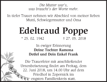 Traueranzeige von Edeltraud Poppe von Märkische Oderzeitung