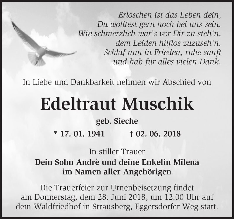  Traueranzeige für Edeltraut Muschik vom 10.06.2018 aus Märkische Oderzeitung