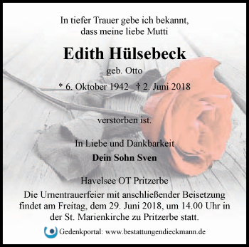 Traueranzeige von Edith Hülsebeck von Märkische Oderzeitung